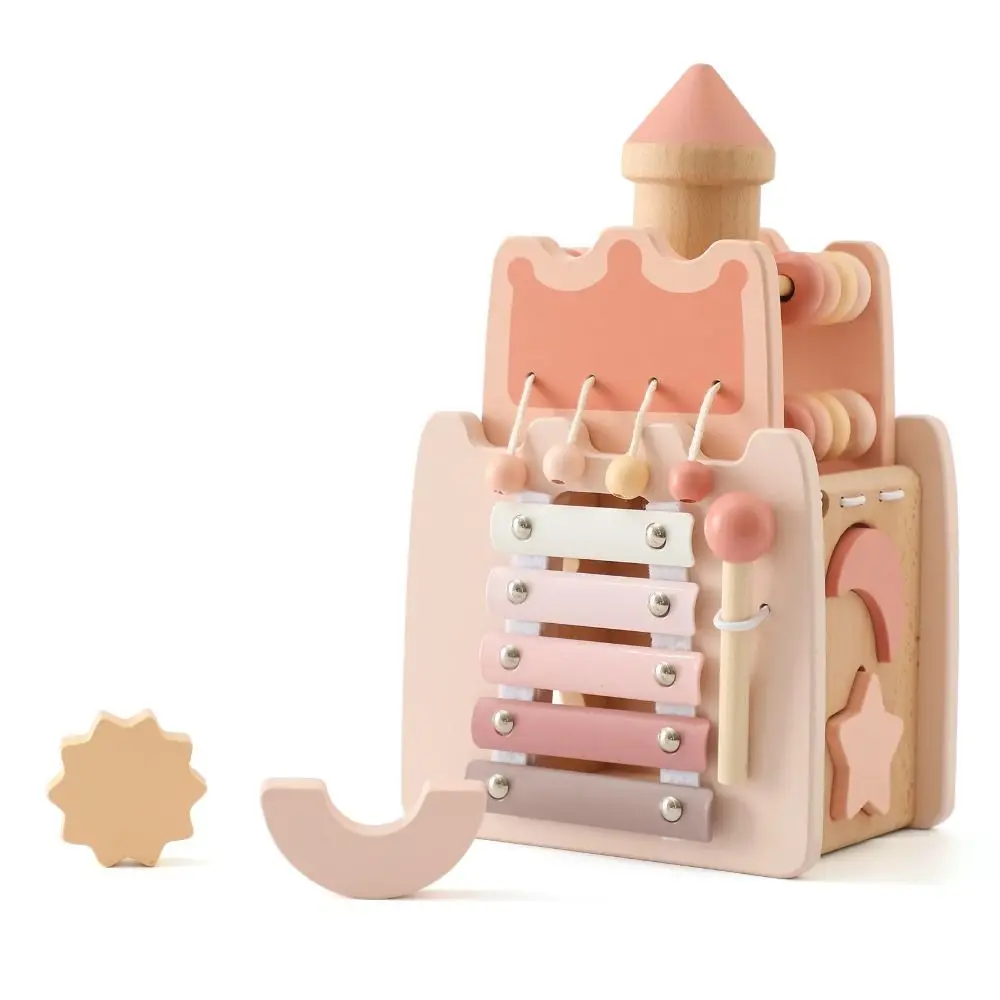 Montessori 5-in-1 Wooden Castle Shape Sorter Early Education Castle Stacking Puzzle with Sound Portable Dollhouse Shape Wooden