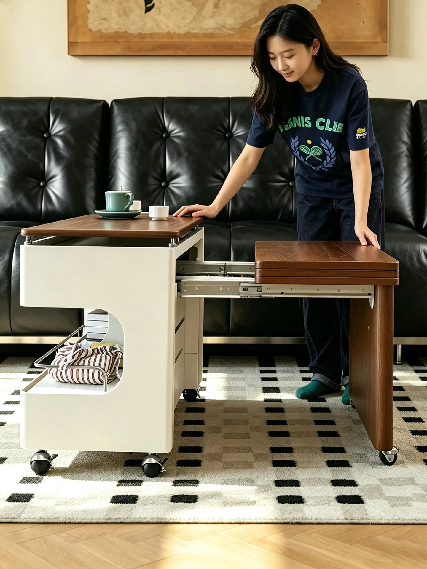 Small coffee table side table movable folding deformation household cart lifting medieval living room sofa side cabinet side