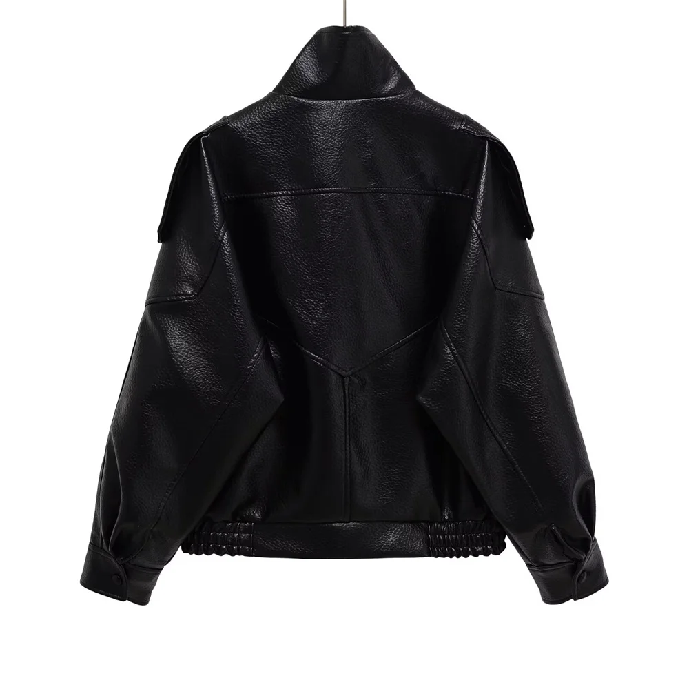 سترة نسائية جديدة غير رسمية متعددة الاستخدامات من الجلد الصناعي بأكمام طويلة وياقة واقفة بلون سادة وفضفاضة