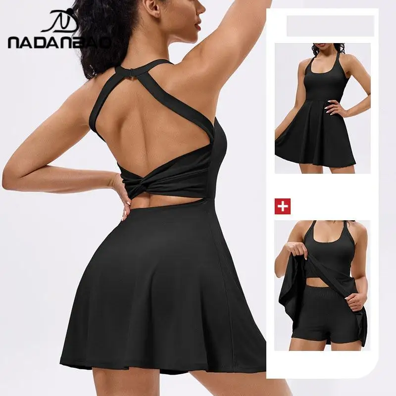 Nadanbao Outdoor Sports Golf Tennis Dress Women Gym Slim Quick-Dry Tennis Dress Female Bring Shorts Fashion Backless Yoga Dress