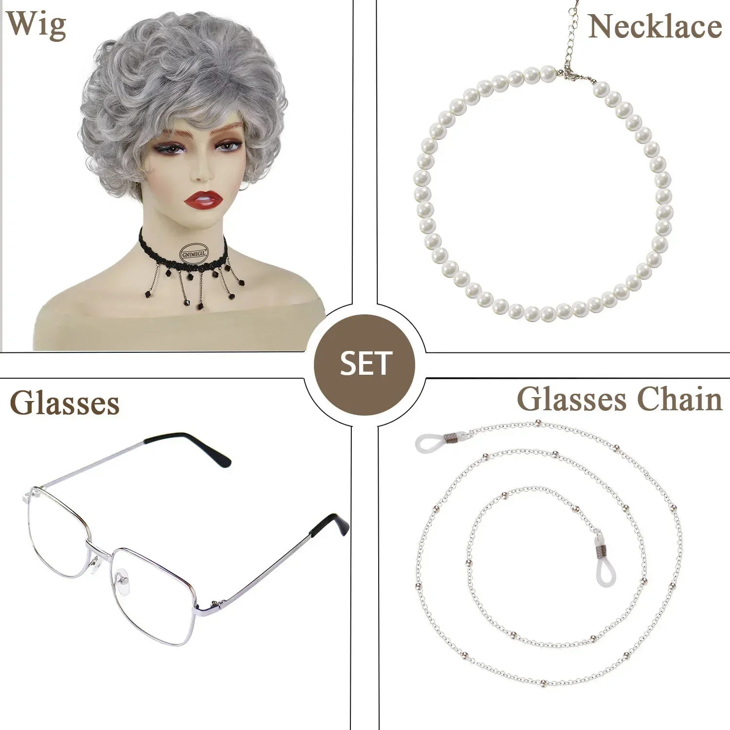 GNIMEGIL Gray Old Lady Wig Granny Glasses Pearl Necklace 3 Pcs/Set Kid Grandma Cosplay Wig for Christmas School Thanksgiving Day