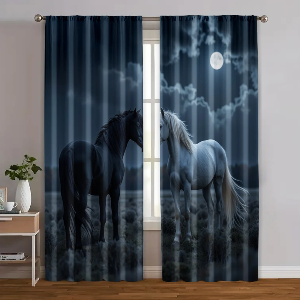 2pcs, Curtain Set Horse 100% Polyester (without rod) Festive Use for Bedroom, Living Room, Office ,Home & Cafe Decor