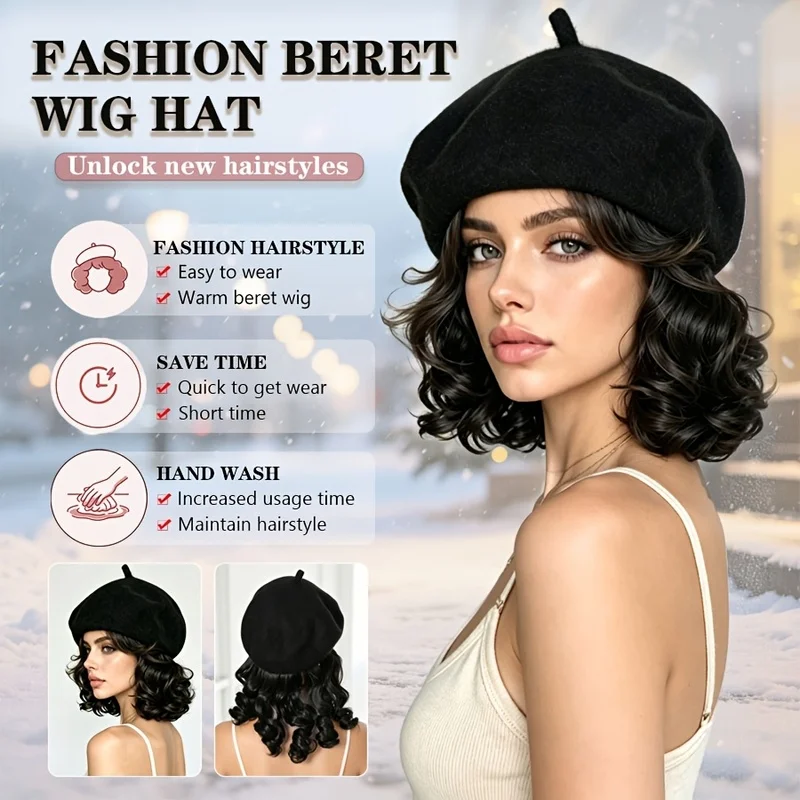 Classic French Fashion Beret Wig Hat Synthetic Curly Wave Short Hairpiece with Attached Hair Extension Warm Winter Cap for Women