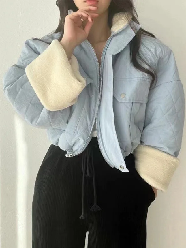 شيك الخريف الشتاء الدافئة لامب المخملية القطن Jaet المرأة فضفاضة شخصية طوق ort تصميم مكافحة الشيخوخة الملابس القطنية