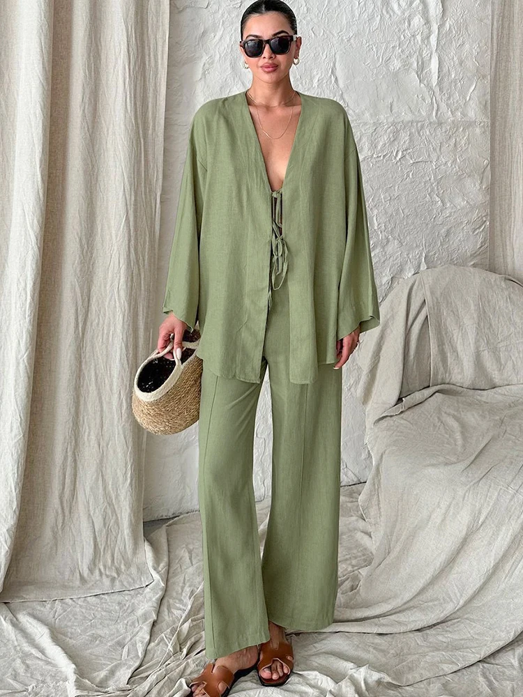 Jyate Green Cotton And Linen Suit V-neck Lace Long-sleeve Trousers Casual 2-piece Suit 2024 Autumn Fashion New Women Outfits