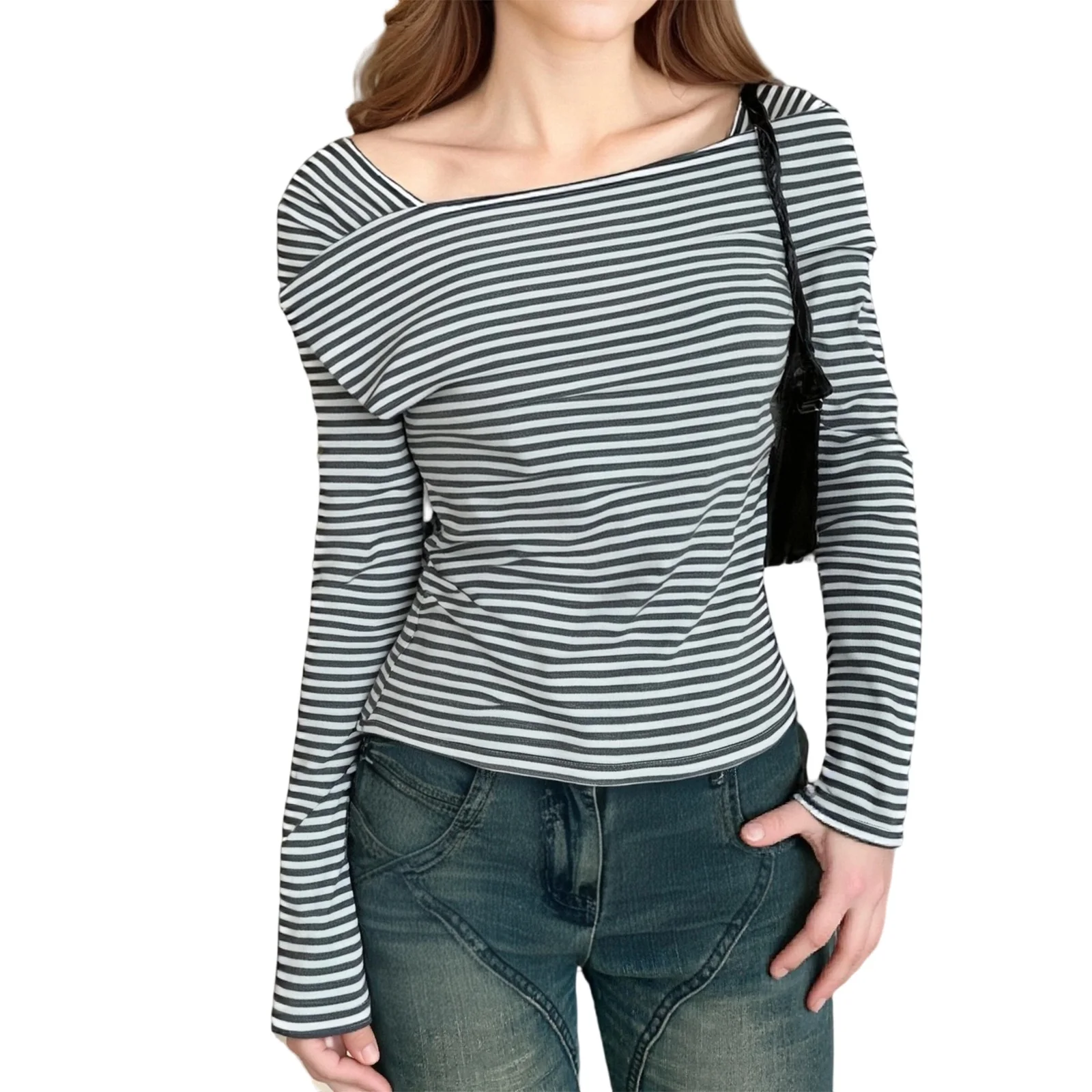 Camicie autunnali da donna a maniche lunghe con spalle scoperte, vestibilità slim, a righe, per uscire, con strato base alla moda