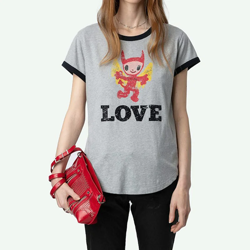 رمادي تي شيرت المرأة طاقم الرقبة القطن تيز سيدة عادية الشيطان دمية تي شيرت الإناث قصيرة الأكمام البلوز فضفاض الصيف الكتان المحملة #2