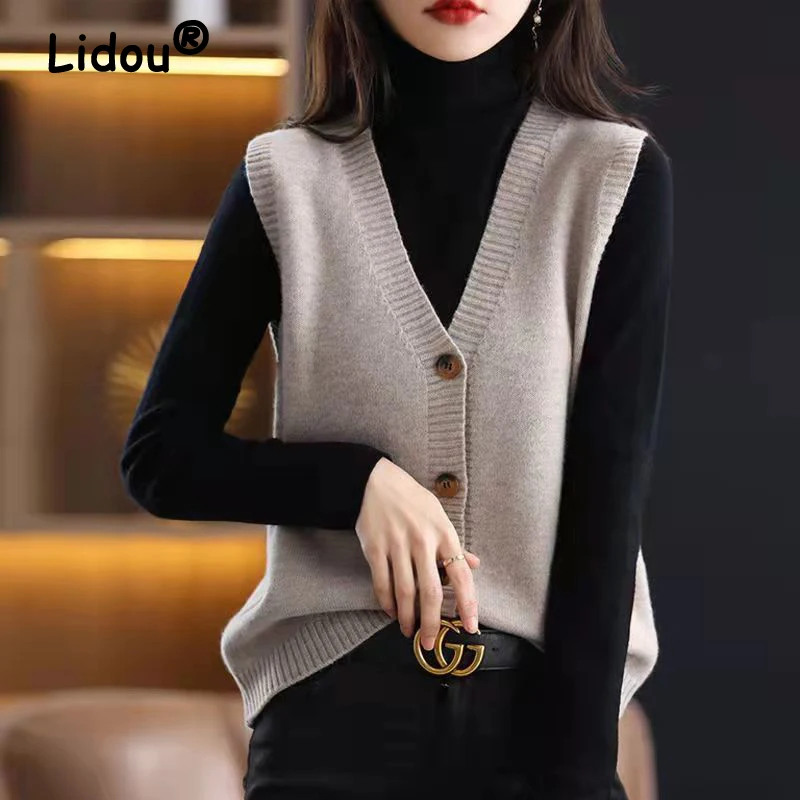 Women Clothing Autumn Winter Korean Fashion V Neck Sleeveless Button Knitted Sweater Vest Casual Solid Loose Outerwear Waistcoat