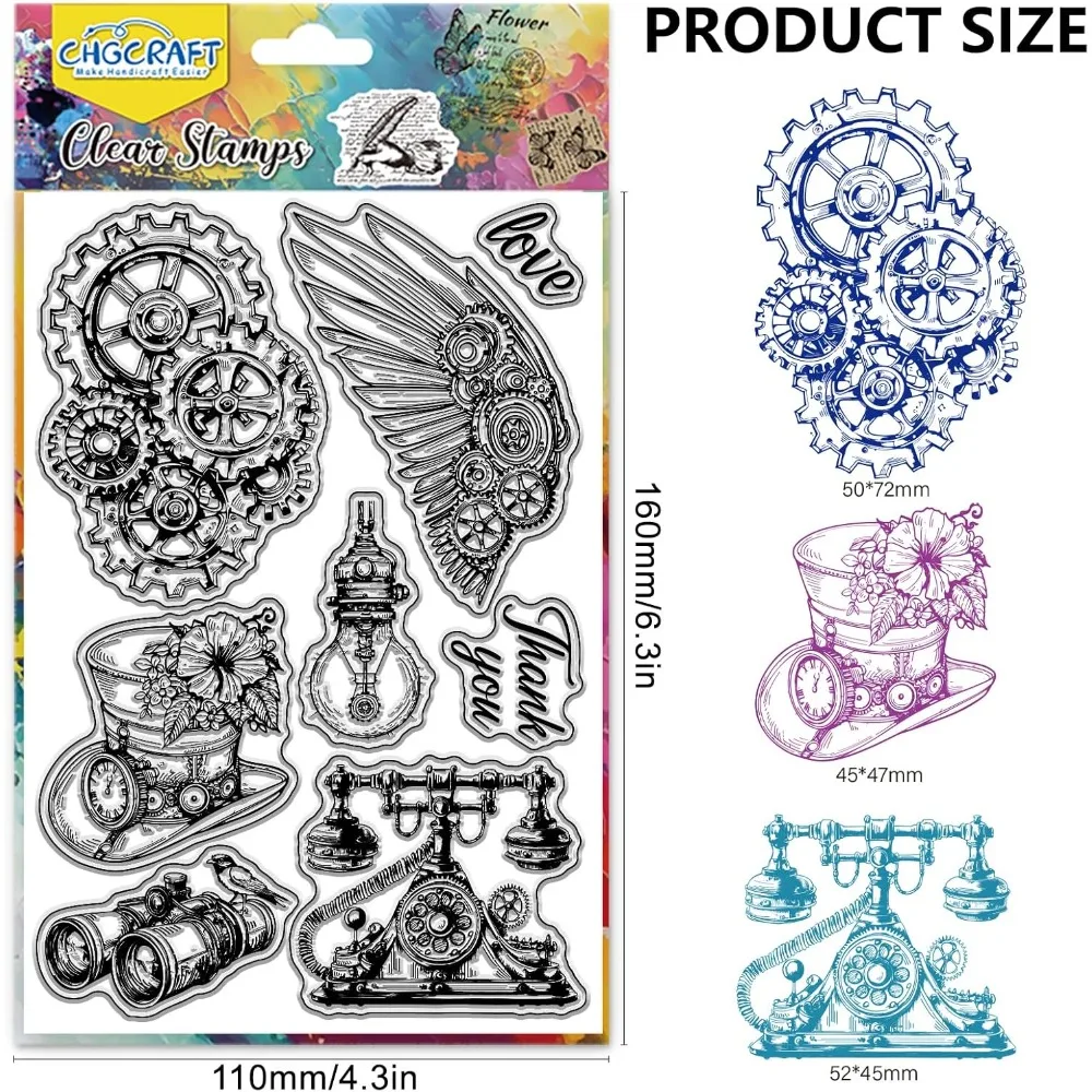 Retro Punk Gear Clear Stamp Clear Stamps Transparent Handicraft Stamps for DIY Scrapbooking Photo Cards Mixed Shapes 6.3x4.3inch
