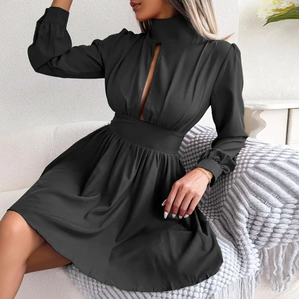 Hollow Out Dress for Women Streetwear 2023 Autumn Winter Elegant Waist Wrapped Mid Long Sleeve Solid V-Neck Fashion Dresses