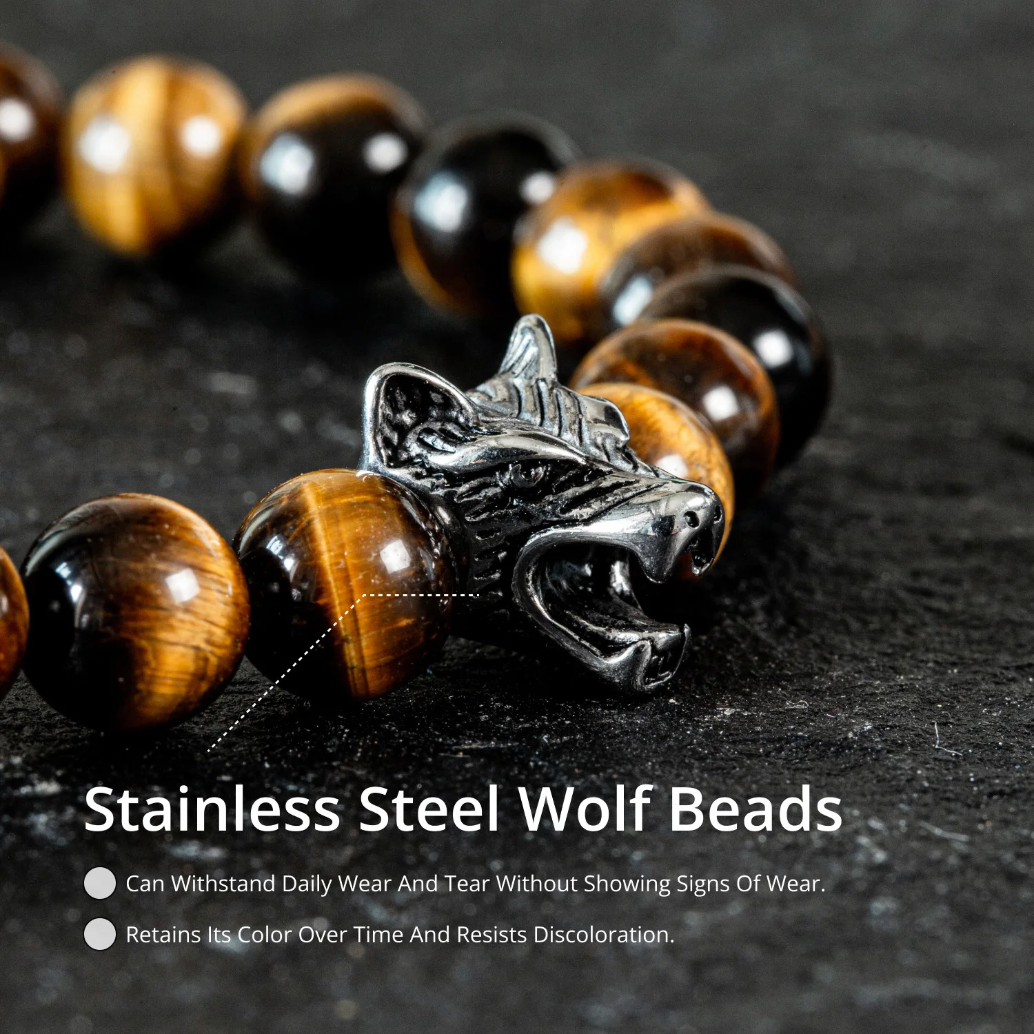 Natural Stone Tiger Eye Beaded Bracelet Wolf Head Gandcrafted Vacation Accessories Daily Wear Best Friend Gifts For Men Women