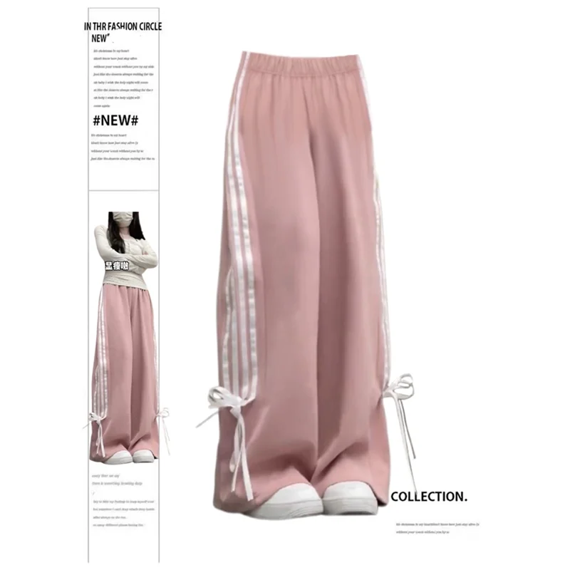 New Women Straight-Leg Pants Teen Casual Versatile Pants Girls High-Waist Loose Sweatpants Fashion Bow Wide-Leg College Student
