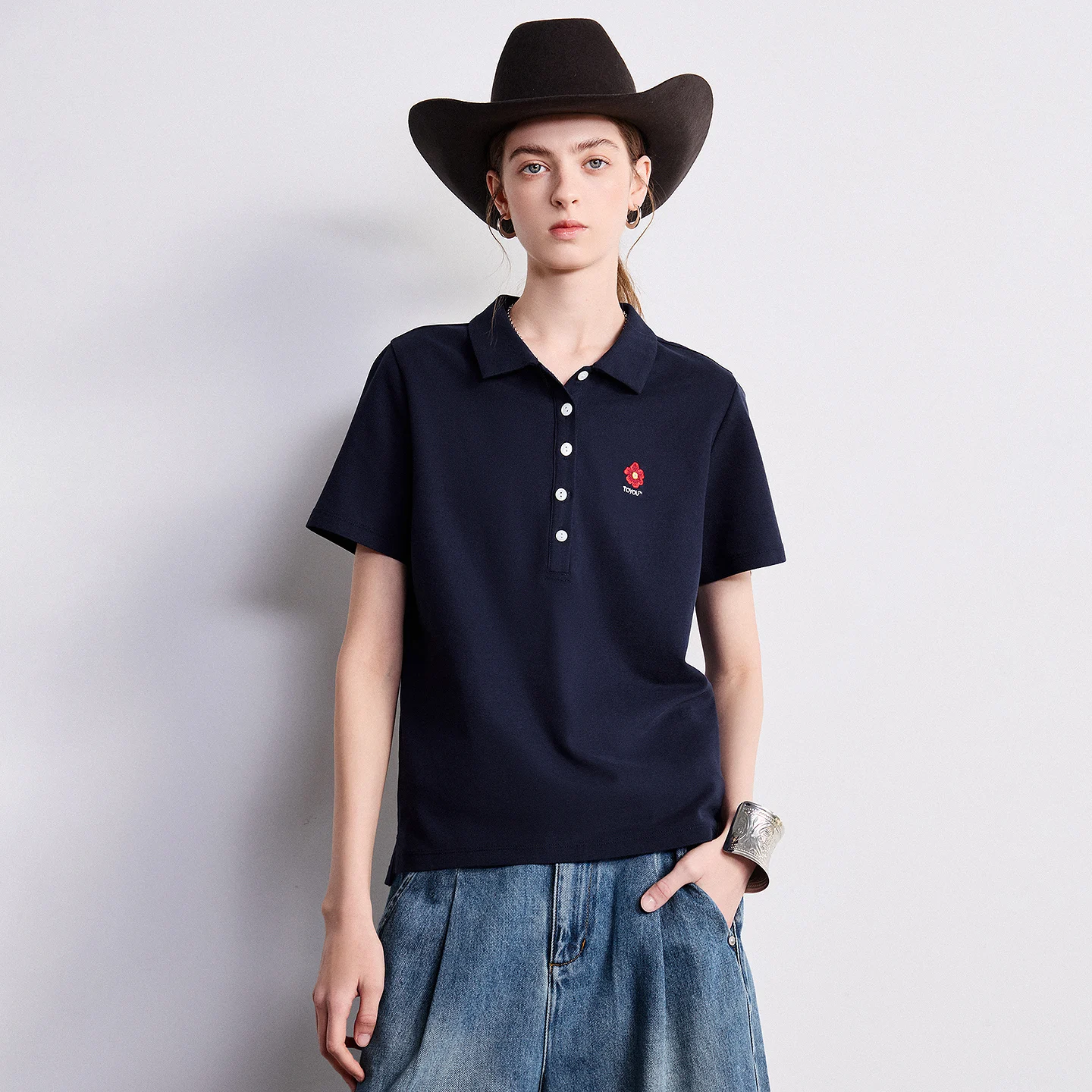 TOYOUTH Women Short Sleeve T-Shirt 2026 Summer New Old Money  Cotton Flower Embroidery Polo Shirt