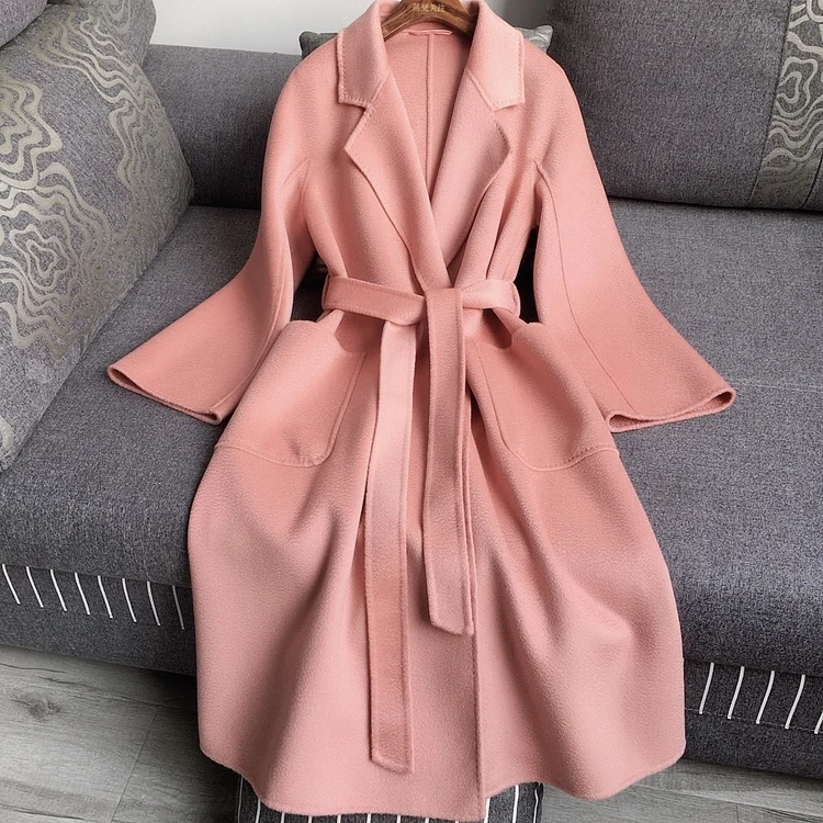 Casual Big Size Thick Water Ripple Handmade Double-sided Wool Women Coat Lapel Long Seelve Loose Belt Jacket New Autumn Winter