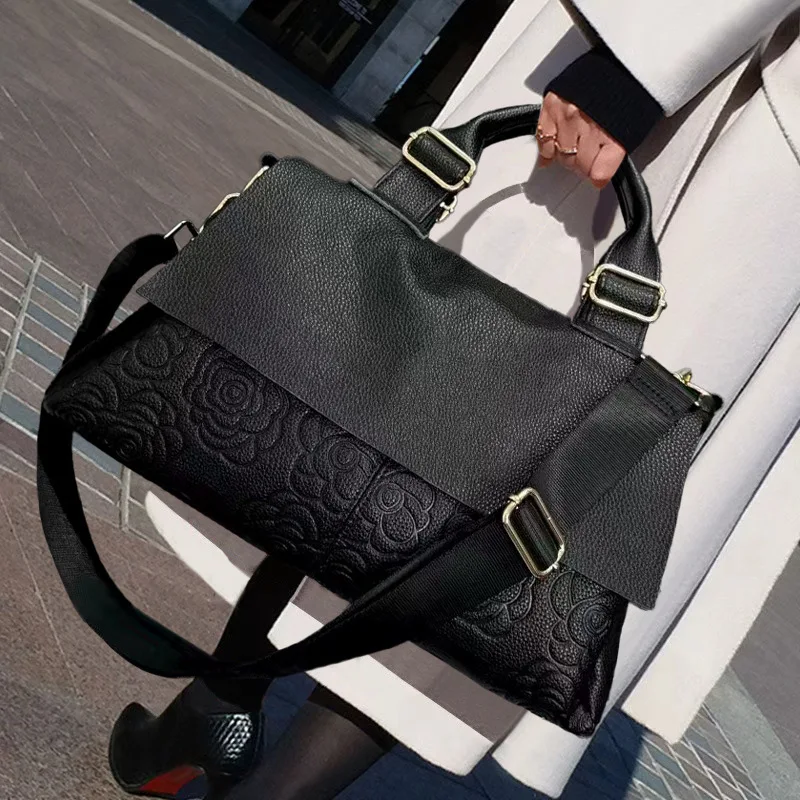 Ladies' retro patterned business tote bag with large capacity splicing leather crossbody shoulder bag