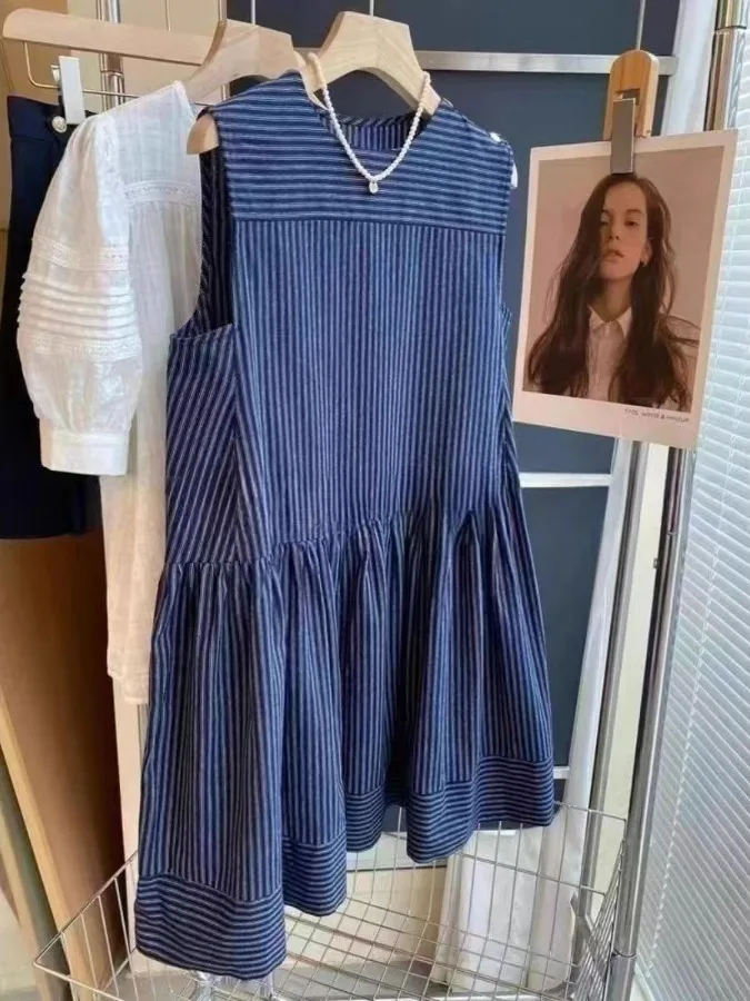 한국 스타일 코튼 린넨 블루 스트라이프 민소매 셔츠 드레스 여성 디자인 여름 느슨한 다목적 조끼 드레스 여성