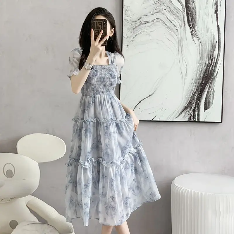 

2023 New Summer French Elegant Print Square Neck High Waist Cover Belly Show Thin Wood Ears Women's Fairy Long A-line Skirt