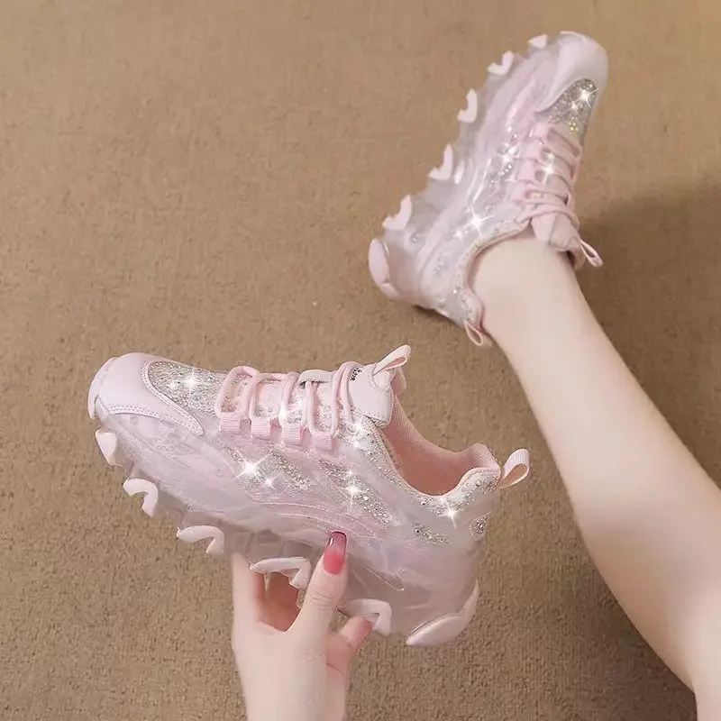 Chaussures à lacets en maille respirante pour femmes, chaussures à plateforme hautes pour femmes, chaussures basses transparentes, blanc, coréen, nouveau, 2025