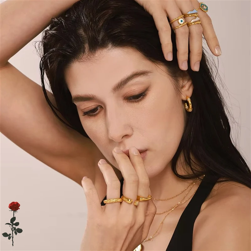 

Turkish Devil Eye Bead Ring New Stainless Steel Golden Finger Rings for Women Wedding Charm Jewelry Daily Wear Accessories Gift