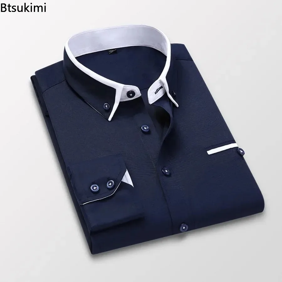 2024 Men\'s Formal Business Office Dress Shirt Solid Long Sleeve Button Up Shirt Turn-down Collar Club Party Shirts Mens Clothing