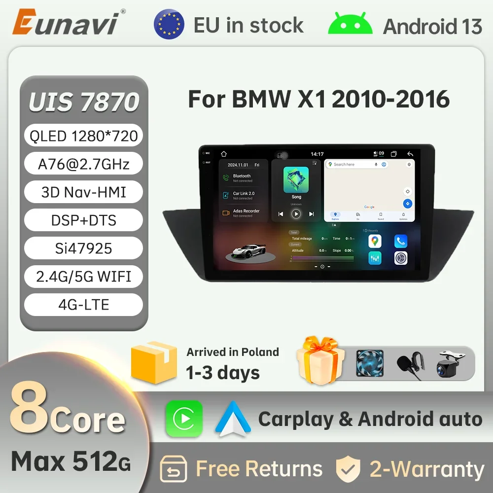 

Автомобильный радиоприемник Eunavi для BMW X1 2010-2016, мультимедийный плеер, GPS, голосовая навигация, Carplay, Android, автомобильный DSP RDS
