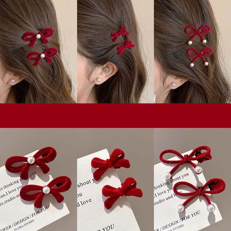 2 uds. Pinzas para el cabello con lazo de terciopelo rojo para mujeres y niñas, Mini flequillo elegante con lazo de perla, horquillas con Clip LATERAL, accesorios para el cabello