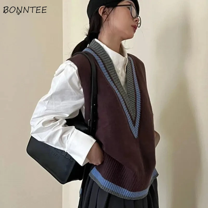 

Sweater Vests Women Vintage Preppy Style V-neck Simple All-match Casual Streetwear Harajuku Chic Autumn Females Knitwear Sueters