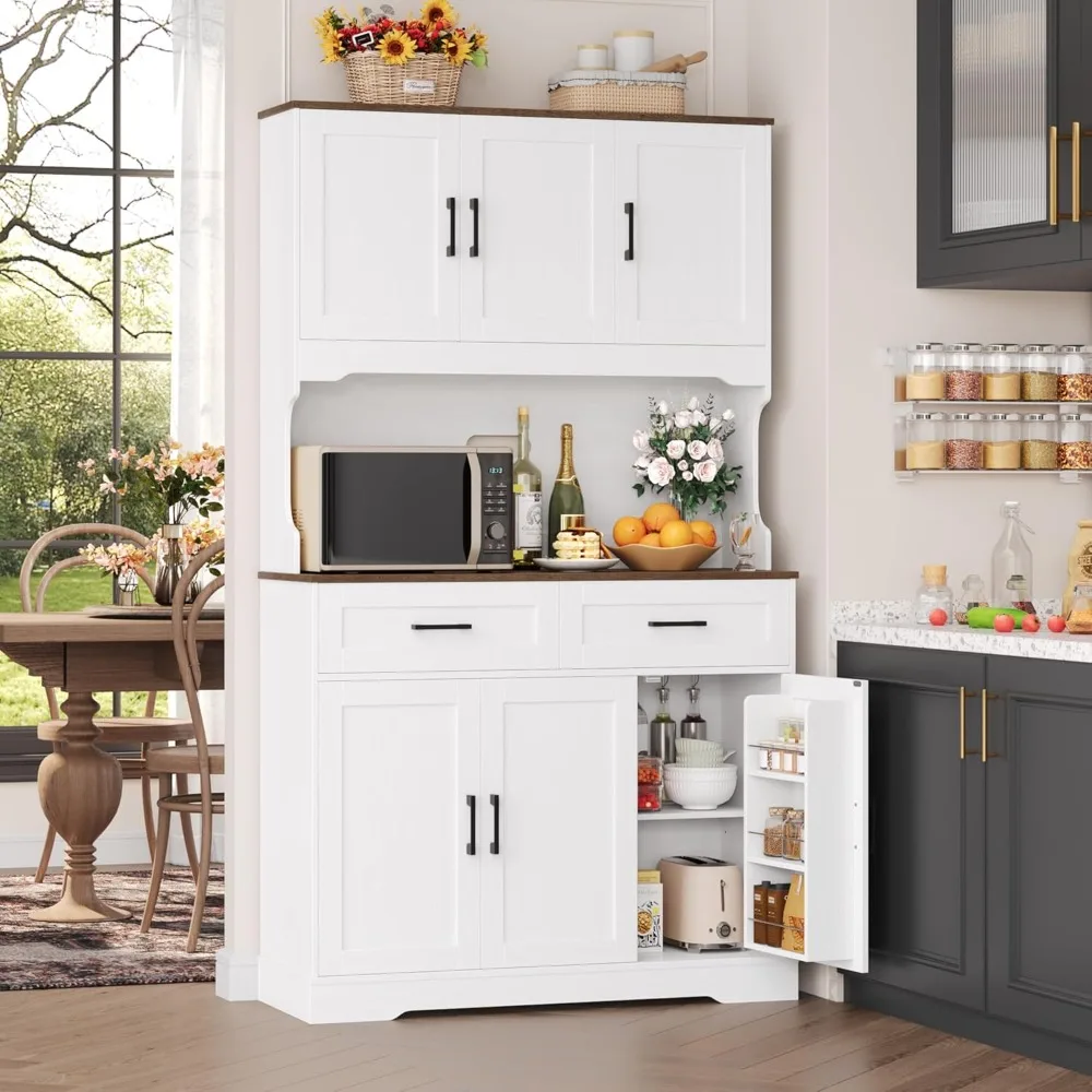 Tall Kitchen Pantry Cabinet, Kitchen Cabinets with Countertop, Farmhouse Kitchen Pantry Storage Cabinet with Doors and Shelves