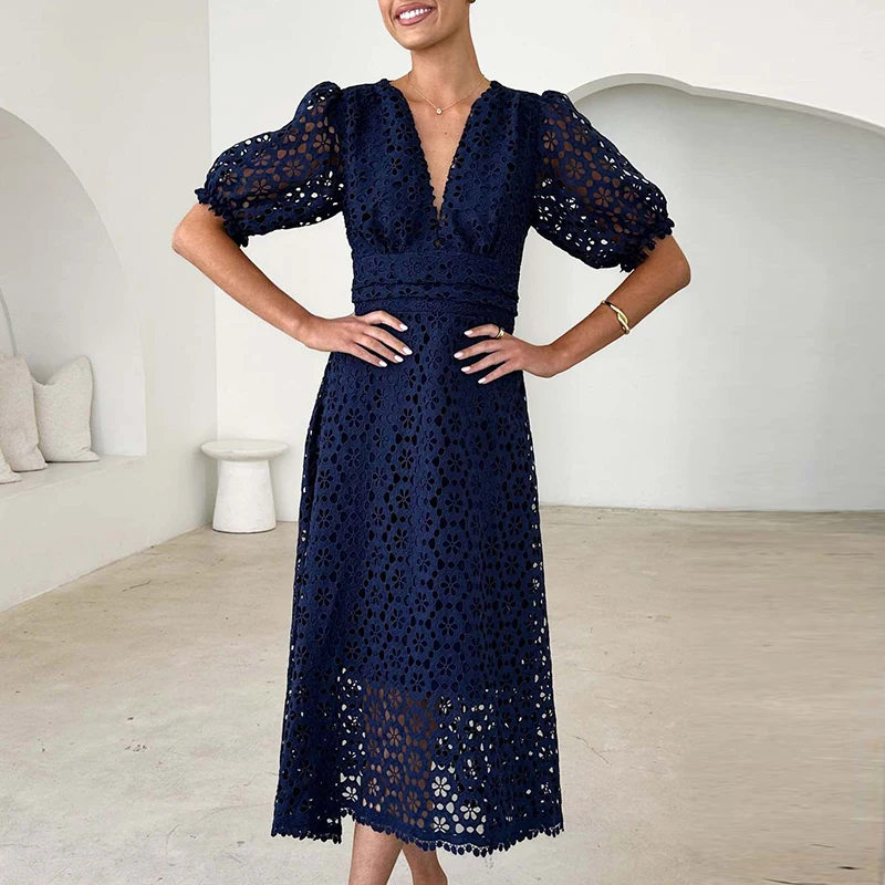 Women V Neck Puff Sleeve High Waist Dress New Sexy Hollow Out Slim Beach Long Dresses Summer Elegant Multicolour Lace Maxi Dress