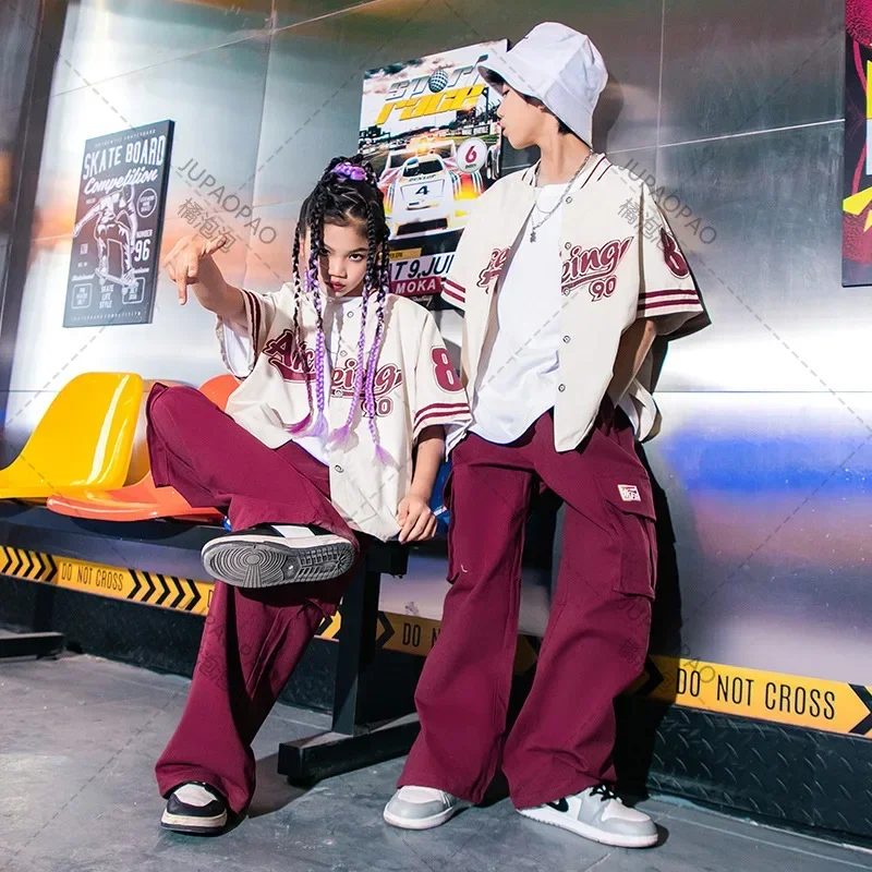 2pcs Clothes Performance Outfit Kids Hip Hop Clothing Girl Letter Print Jacket Baseball Uniform Burgundy Casual Jogger Pant