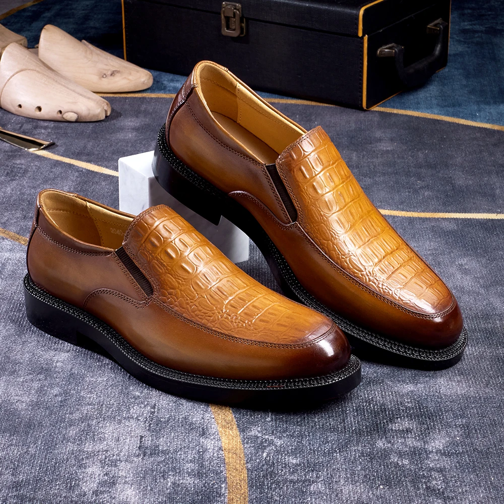 Luxury Designer Men's Italian Shoes Genuine Leather Elegant Double Splicing Oxfords Crocodile Print Social Shoe Increased Height