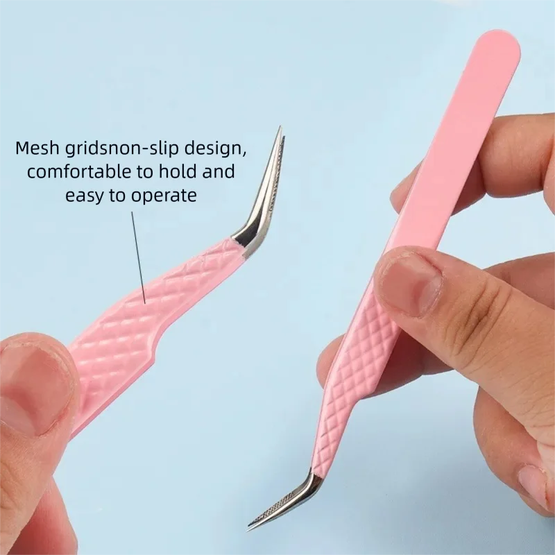 Pink Silver Eyelash Extension Tweezers Stainless Steel Mesh Friction Pattern Precise Tweezers with Protective Cover Makeup Tools