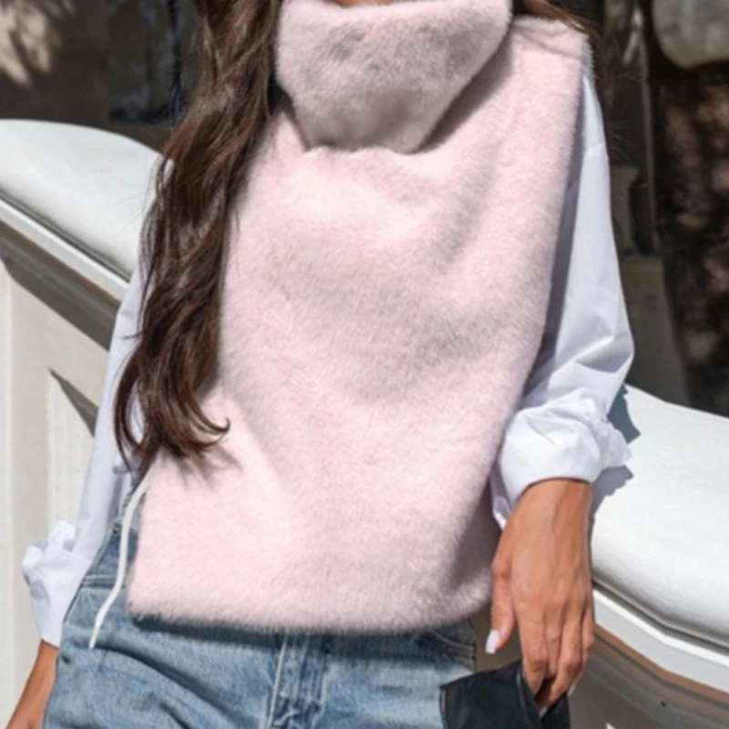 

Women Solid Fur Jackets Fashion Pink High Neck Sleeveless Loose Short Coat 2026 Spring Autumn New High Street Lady Outerwear