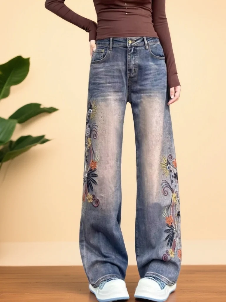 

Fashionable Retro Embroidered High Waist Slimming Wide Leg Jeans Straight Leg Pants for Women Casual Style Multi-Pocket Denim