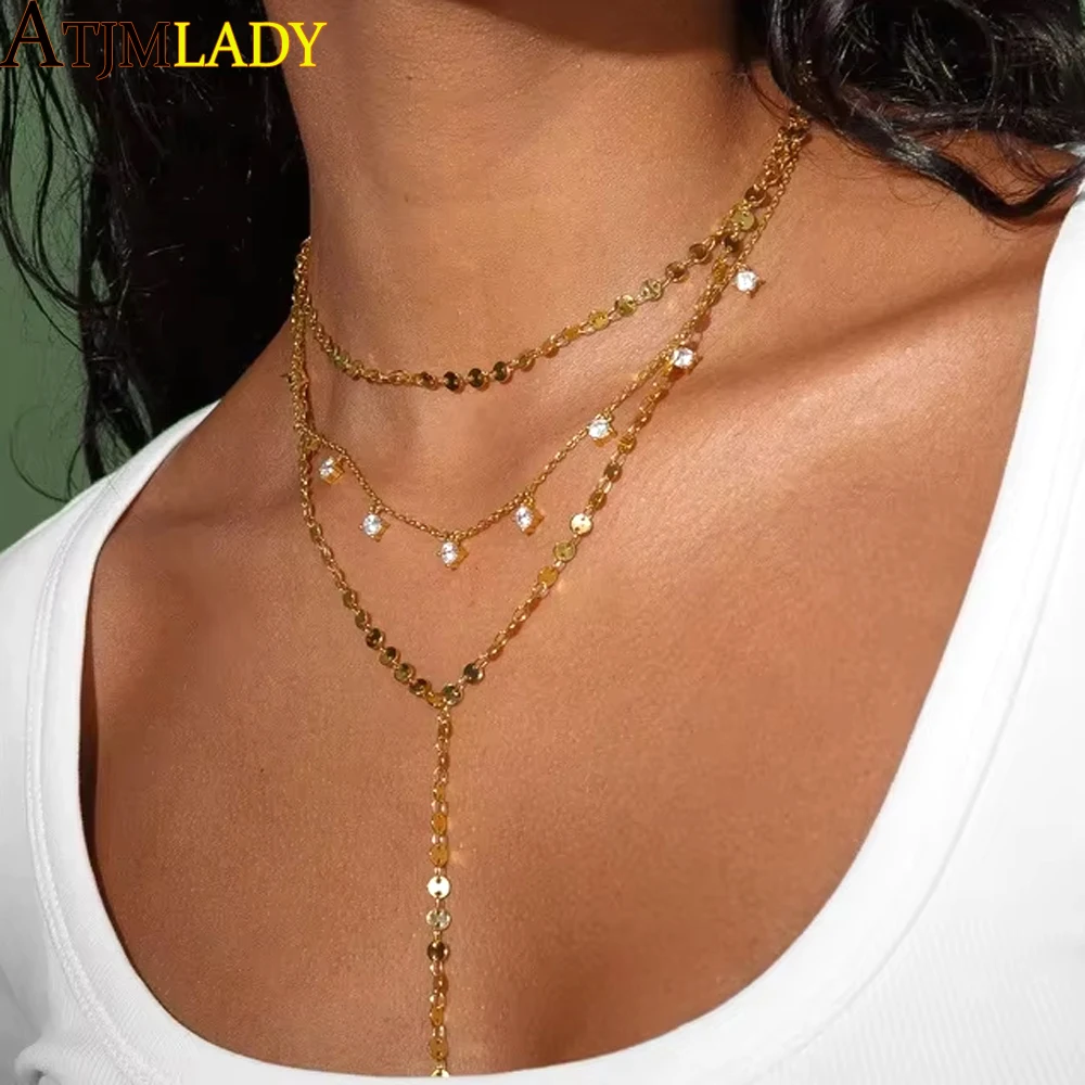 2025 New Long Necklace for Women Y Lariat Shaped Disc Choker Sexy Multilayer Sequins Chain Tassel Bling Cz Pendant Necklace