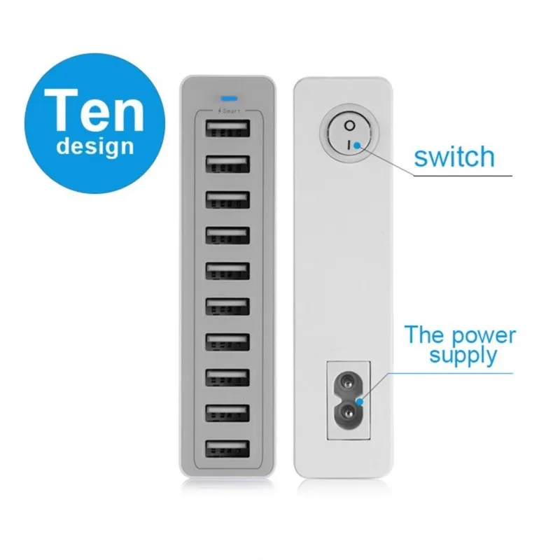 Multiple USB Charger, 60W/12A 10-Port Desktop Charger Charging Station Multi Port Travel Fast Wall Charger Hub with Smart Phones