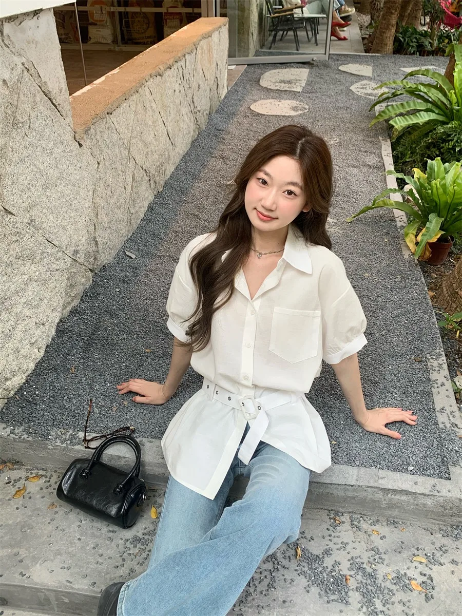 Casual White Long Sve Women's irt Waist Belt Design Autumn Commute irt Medium Length Pure Color  Collar Button Clo...