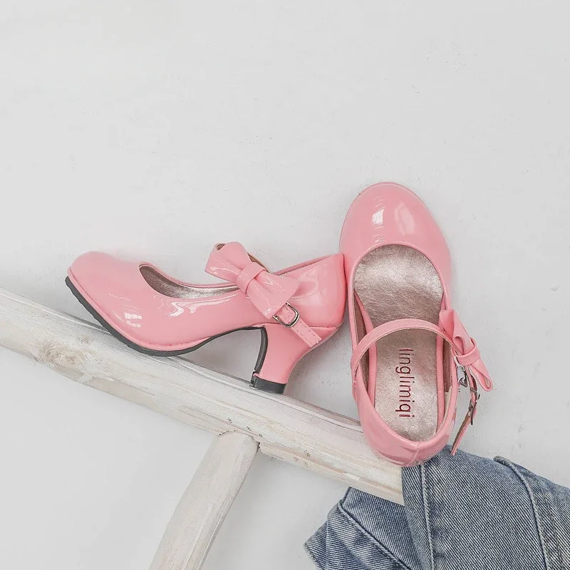 Fashion Girls High Heels Glossy Bowtie Kids Leather Shoe Spring Autumn Children Causal Princess Dress Shoes for Evening Party