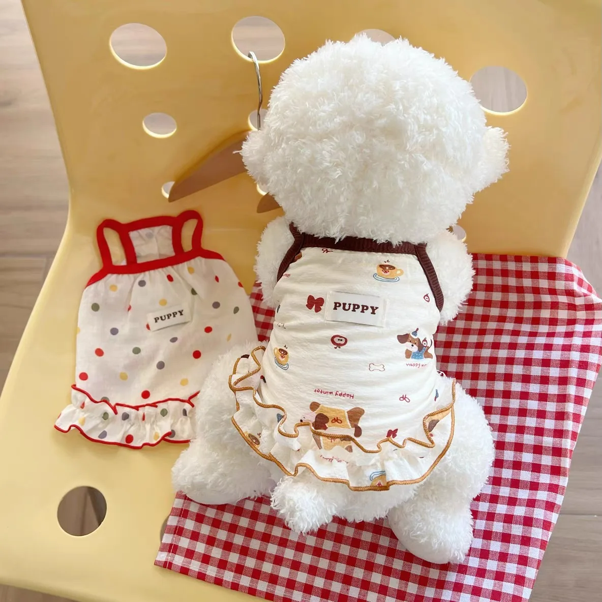 귀여운 폴카 도트 인쇄 애완 동물 옷 여름 레이스 강아지 슬링 만화 동물 작은 개 드레스 통기성 공주 스커트