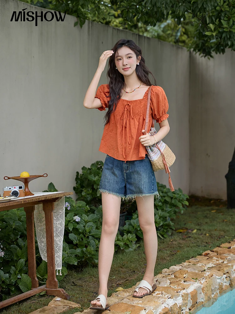 MISHOW Retro 100 Cotton Square Neck Blouses Female 2024 Summer French Loose Tops Chest Elastic Tie Short Sleeve Top MXD29X1543