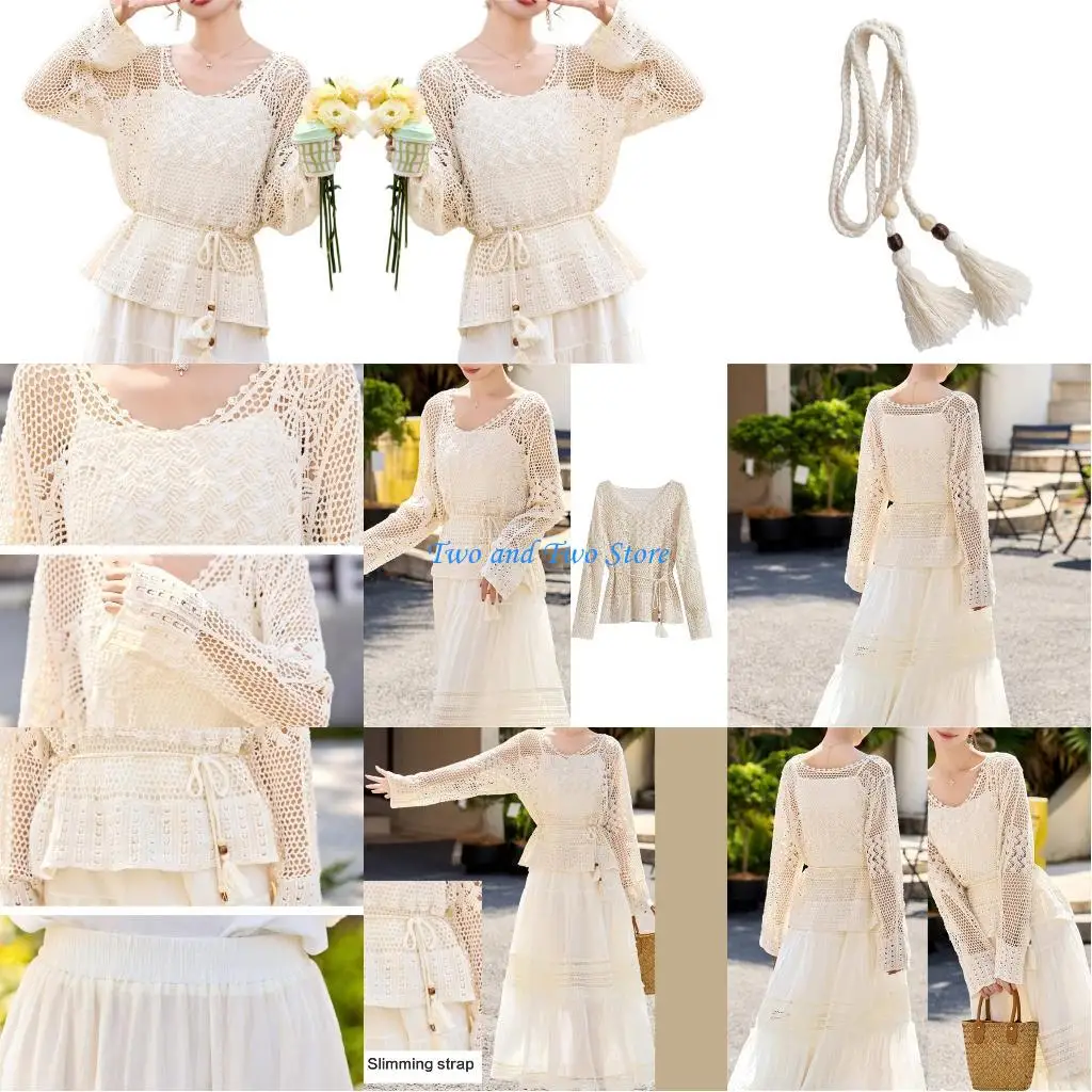 

HX6F Long Sleeve Crochet Sweater Lightweight Summer Tops Loose Crewneck Hollow Out Pullover Waist Belt for Women Girls