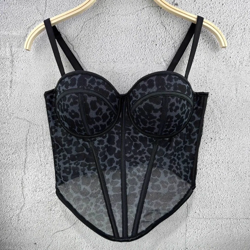 Slim Fit Leopard Print Fishbone Camisole Buckle Sleeveless Suspender Vest Tanks with Padded Cups Crop Tops Spring Summer