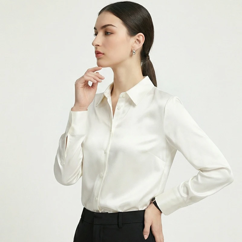 30 Momme 100% Heavyweight Mulberry Silk Shirt Women Satin Solid Long Sleeve Loose Commute Blouse Top