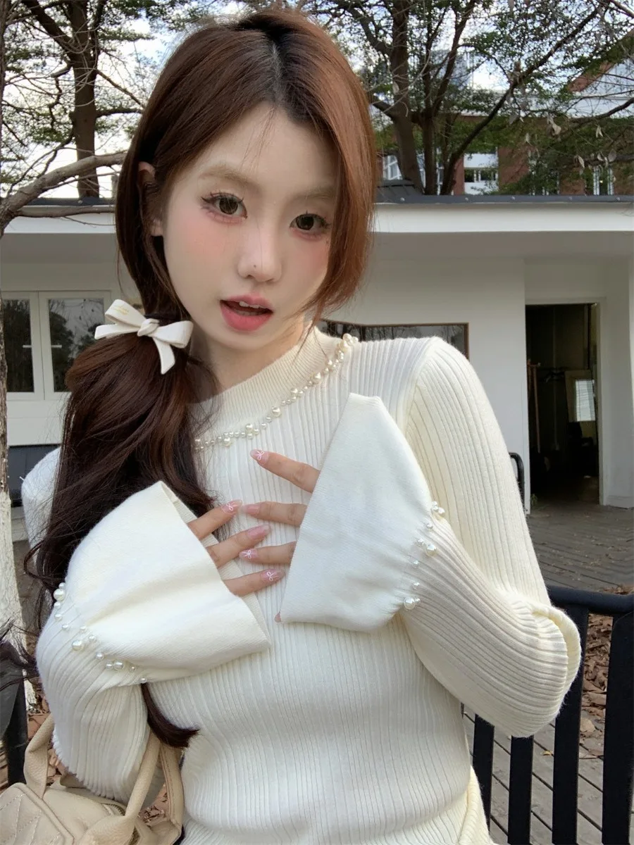 

Pearl Collar Bell Sve Knitted Base irt Women's Heavy Embelliment Autumn Winter round Ne Long Sve Slim Fit Sweet S...