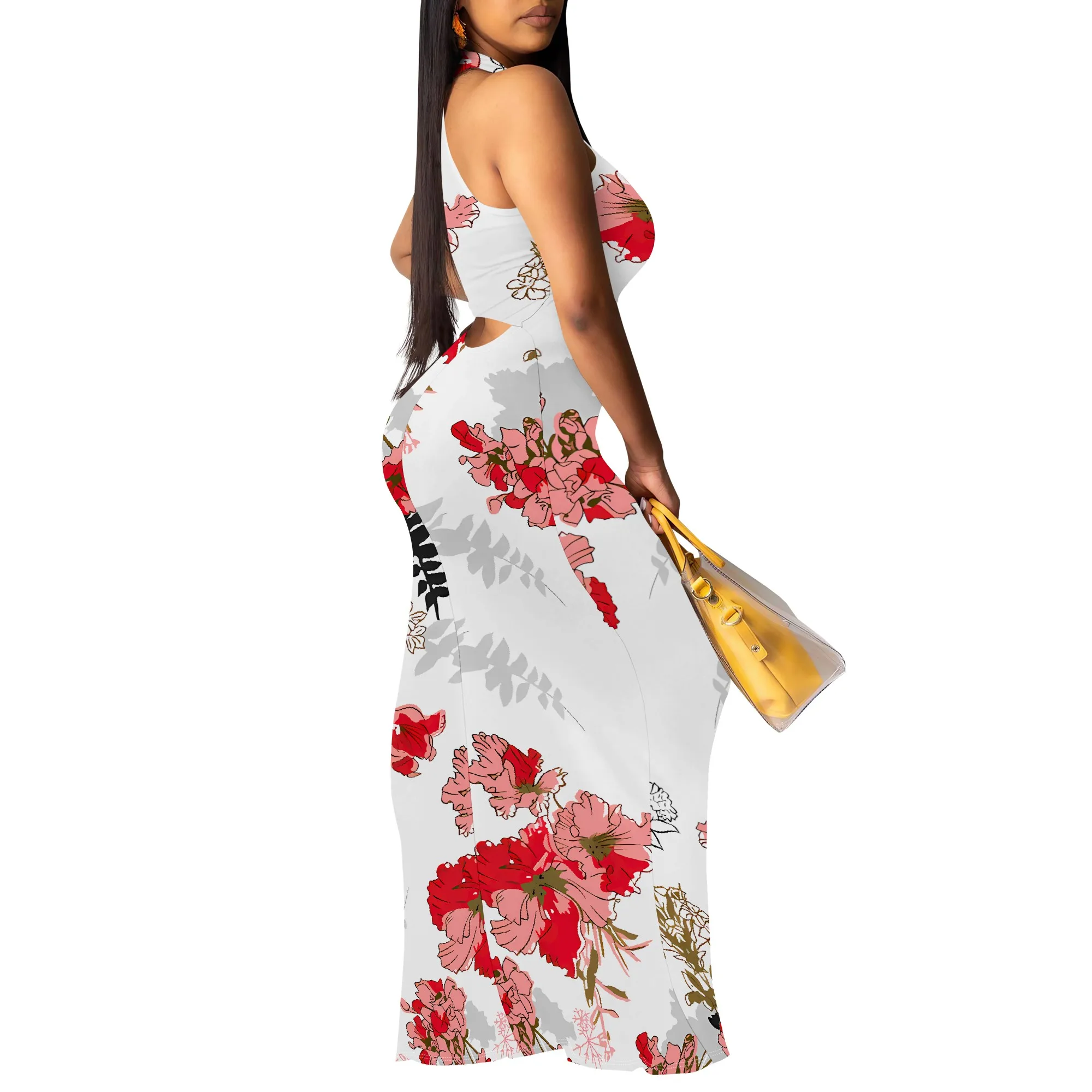 夏ノースリーブホルターネックマキシドレス女性赤花柄ボディコンロングドレスビーチパーティー衣装