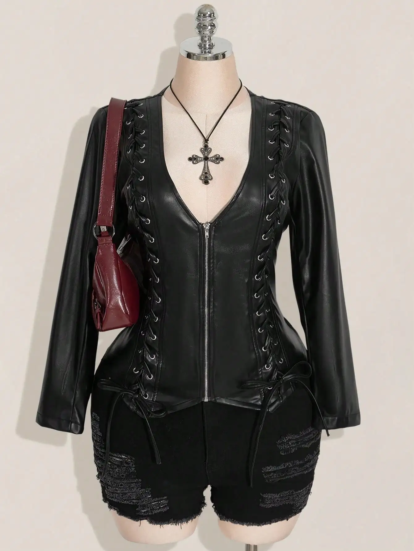 

Black PU Leather Jacket with V-Neck, Front Zip and Side Lace-Up Detail
