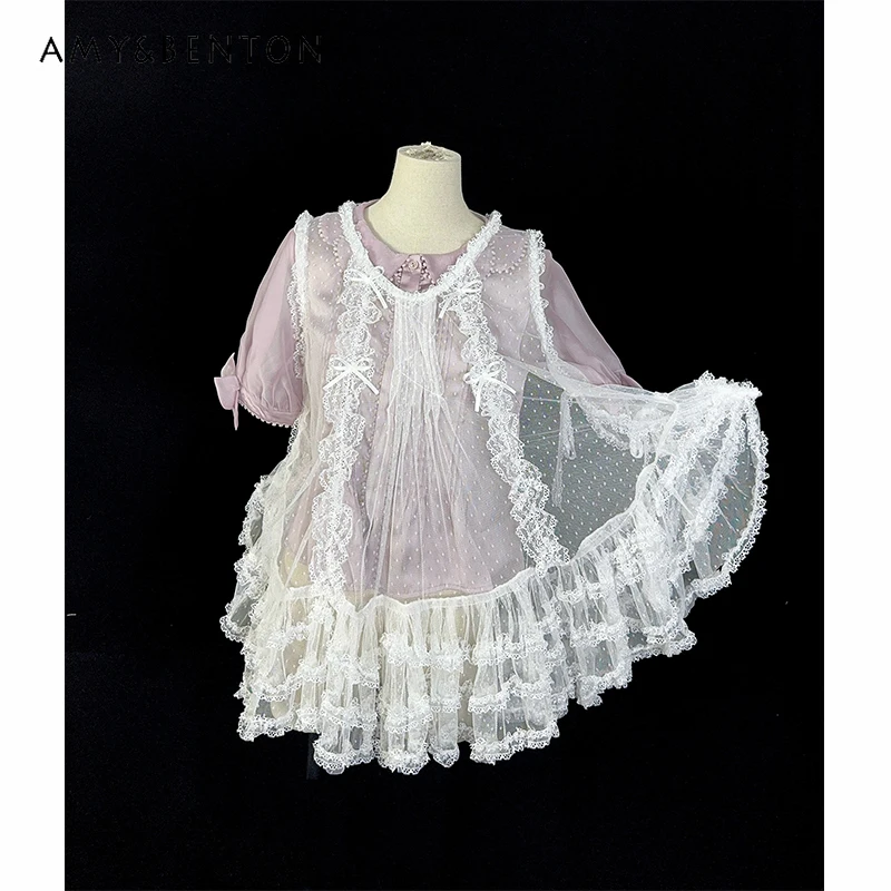 

Japanese White Mesh Lace Heavy Craft Women's Vest Dress Original Design Versatile Sleeveless Lolita Splicing Overskirt Ladies