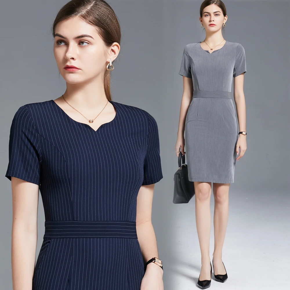 

Korean Style Summer Office Stripe Grey Elegant V-neck Short Sleeve Dresses Business Formal French Dress Slim Pencil Dress