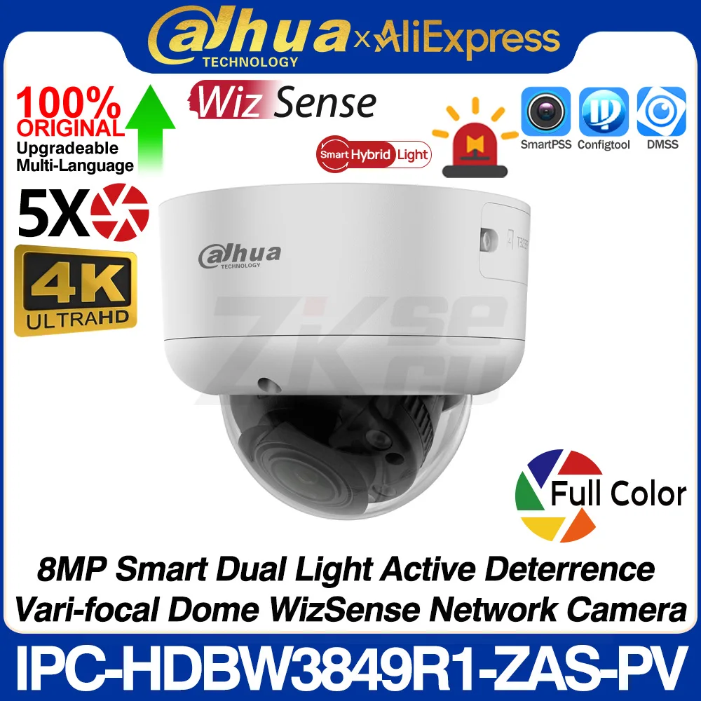 Dahua Original IPC-HDBW3849R1-ZAS-PV S5 8MP 4K 2.7-13.5mm Zoom Smart Dual Light Active Deterrence WizSense Network POE IP Camera