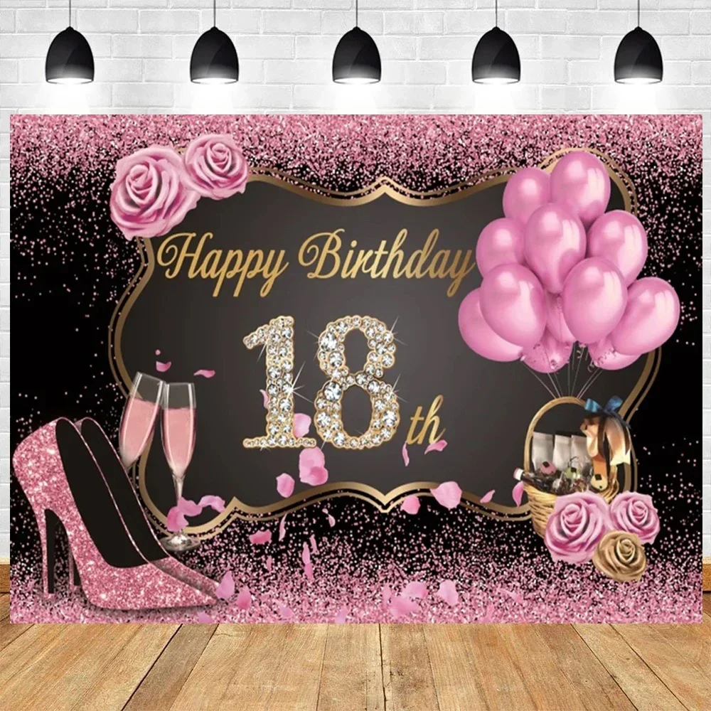 

18th Birthday Party Backdrop Black Gold Glitter Balloon for Women Men Boys Girls 18th Birthday Bar Mitzvah Photography Poster